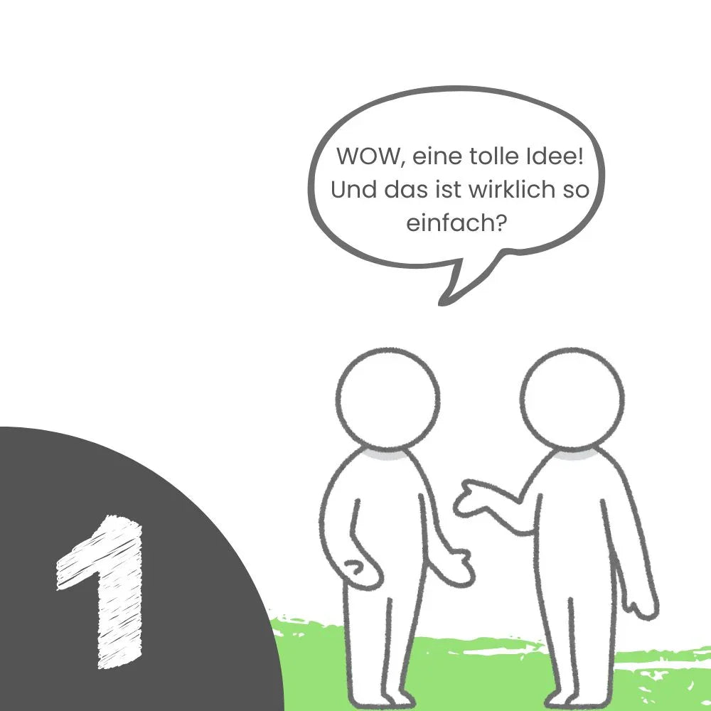 Zwei animierte Personen stehen auf grünem Boden und tauschen sich in einem Gespräch aus