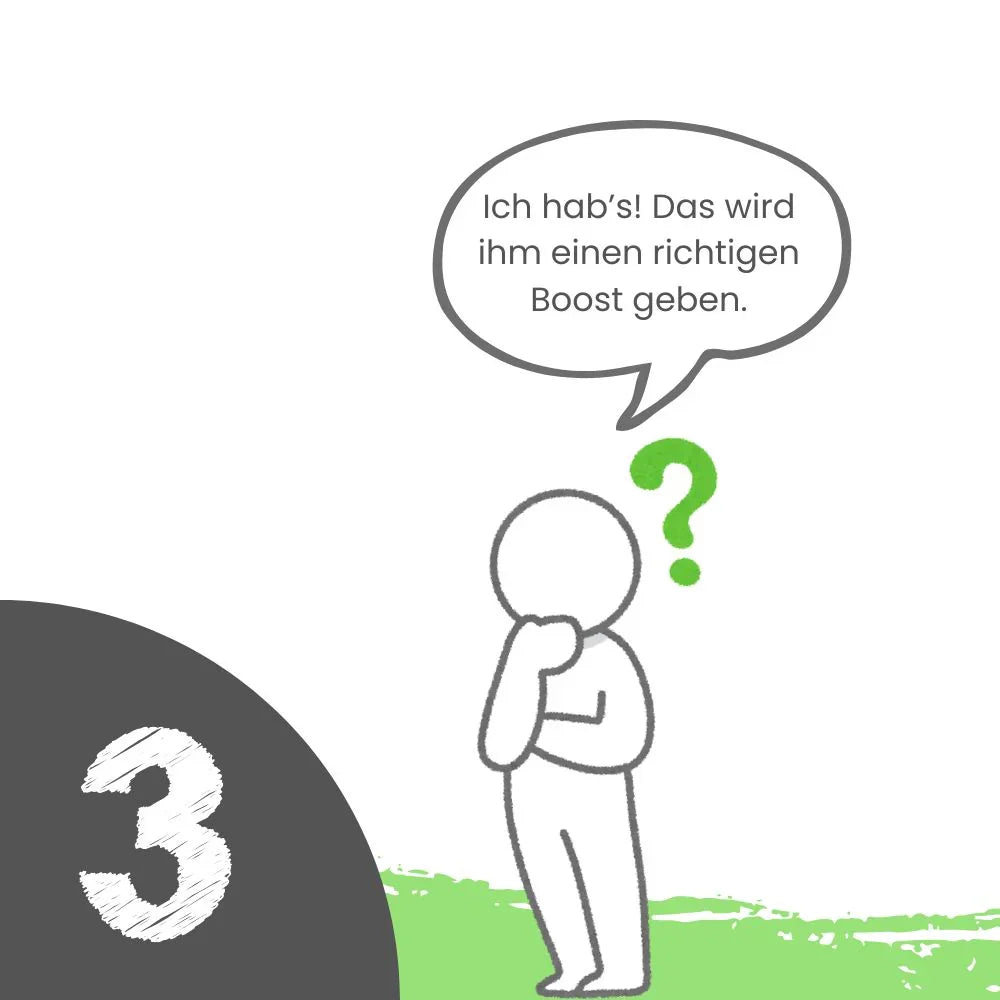 Eine animierte Person steht nachdenklich und fokussiert auf einem grünen Boden, hält eine Hand unter das Kinn