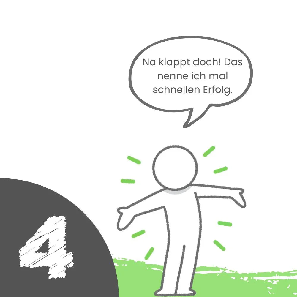 Eine animierte Person steht aufrecht auf grünem Boden und präsentiert stolz etwas