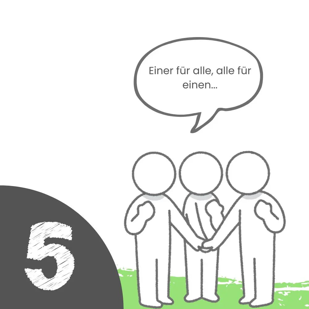 Drei animierte Personen legen die Hände aufeinander, als Zeichen des Zusammenhalts, auf grünem Boden