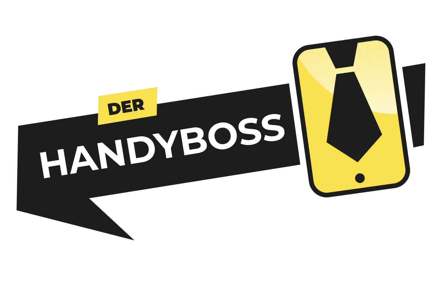 Schriftzug "Der Handyboss" mit einem Pfeil und ein goldenes Hemd mit einer Krawatte darauf.
