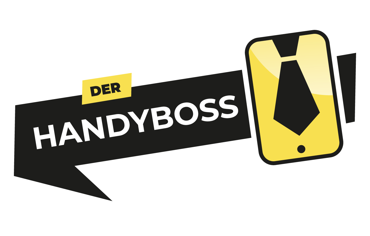 Schriftzug "Der Handyboss" mit einem Pfeil und ein goldenes Hemd mit einer Krawatte darauf.