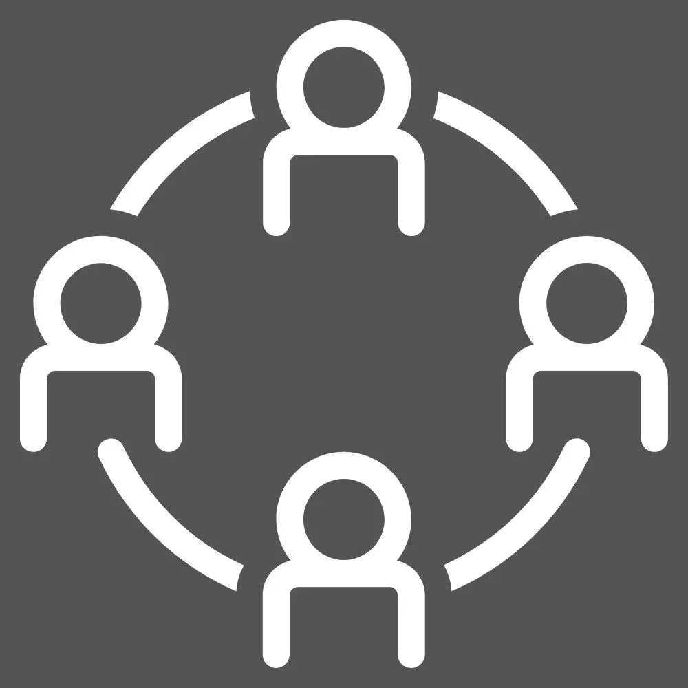 Vier Symbole die miteinander verbunden sind und für Profile stehen, in einem Kreis, auf einem grauen Hintergrund