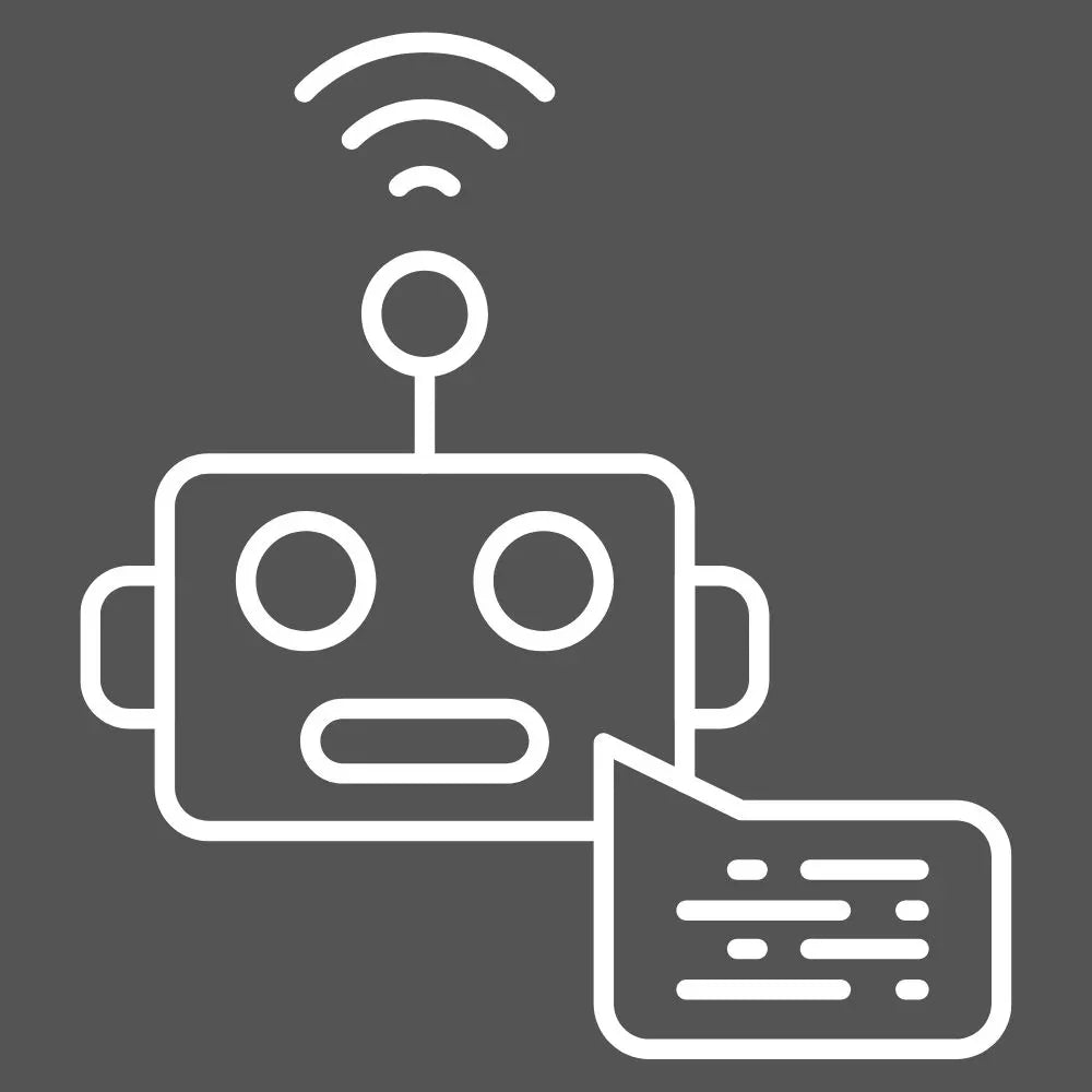 KI-Roboter mit Sprechblase auf grauem Hintergrund.