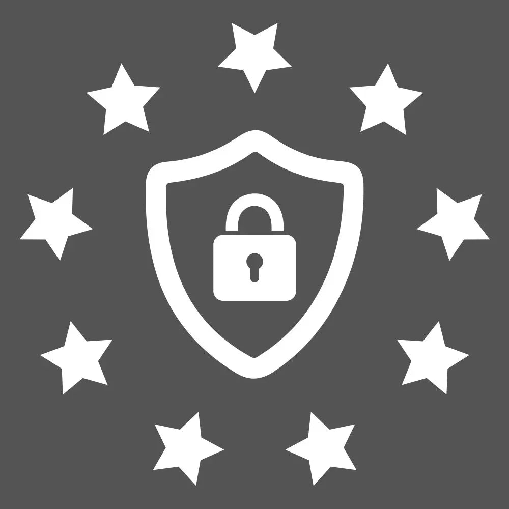 Ein Schloss, umrandet von 9 Sternen als Zeichen der Sicherheit, auf grauem Hintergrund