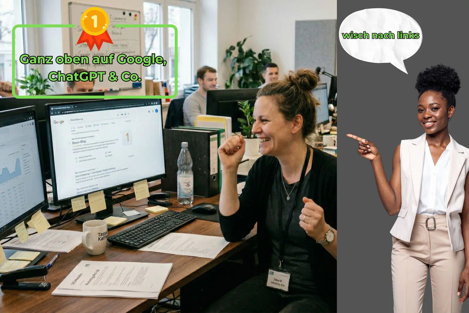 Mehrere Personen in einem deutschen Büro schauen fröhlich und stolz auf ihre Bildschirme. Eine weitere dunkelhäutige Person wurde hinzugefügt und steht rechts daneben.