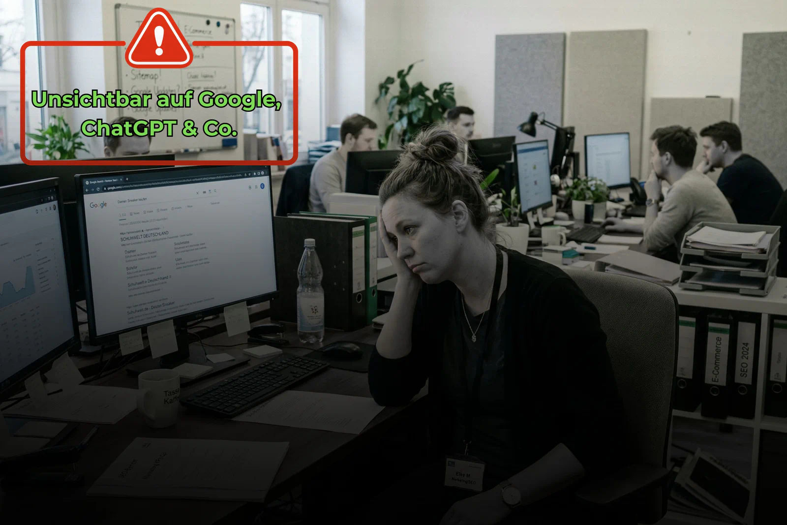 Mehrere Personen in einem deutschen Büro schauen gestresst und hoffnungslos auf ihre Bildschirme.