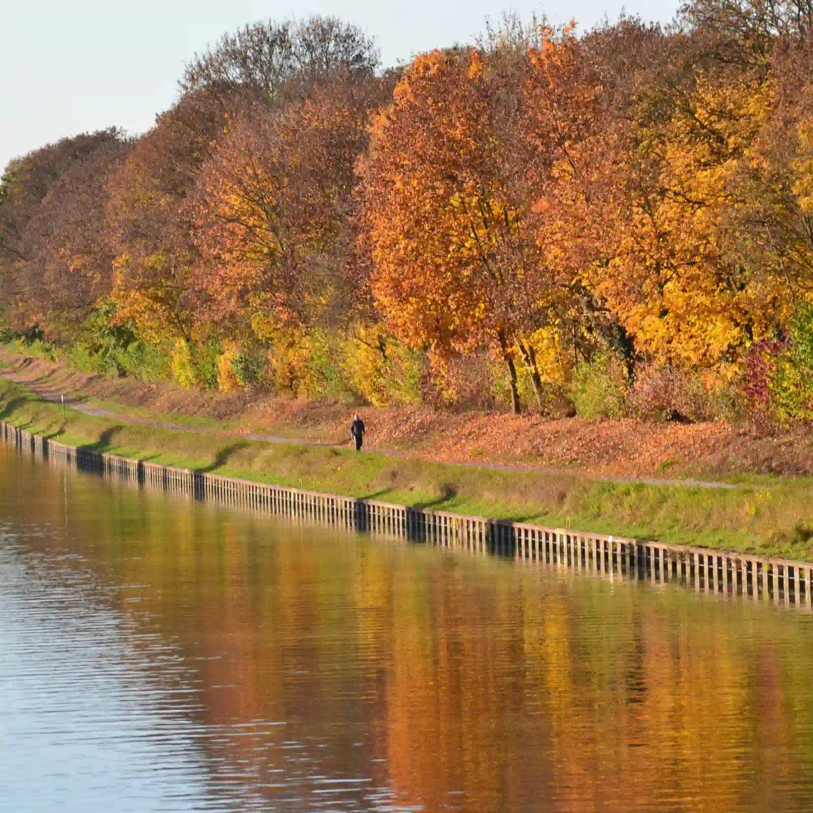 Der Lippe Kanal in Lippstadt, bei sonnigem Tag. Ein Wald im Hintergrund mit vollen bunten Blättern.