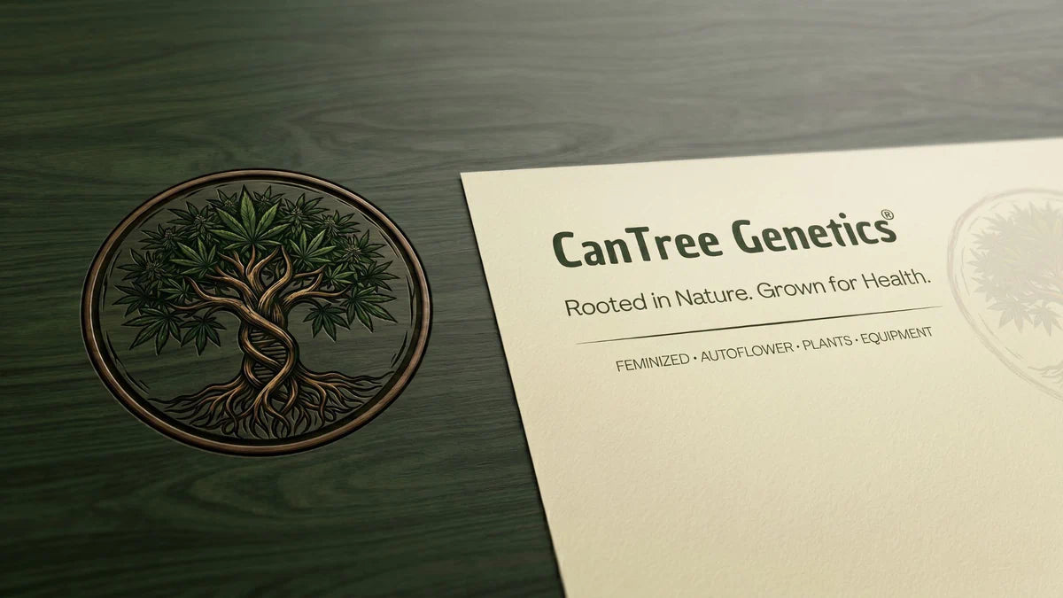 Logo und Schriftzug des Unternehmens CanTree Genetics präsentiert als Gravur in einer Holzplatte im Großformat. Moderner E-Commerce Onlineshop für den Cannabissamen von LENAMO.