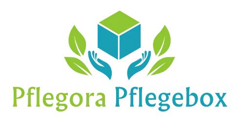 Pflegora Pflegebox Logo. Zwei Hände halten eine Box, umgeben von Blättern.