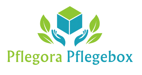 Pflegora Pflegebox Logo. Zwei Hände halten eine Box, umgeben von Blättern.
