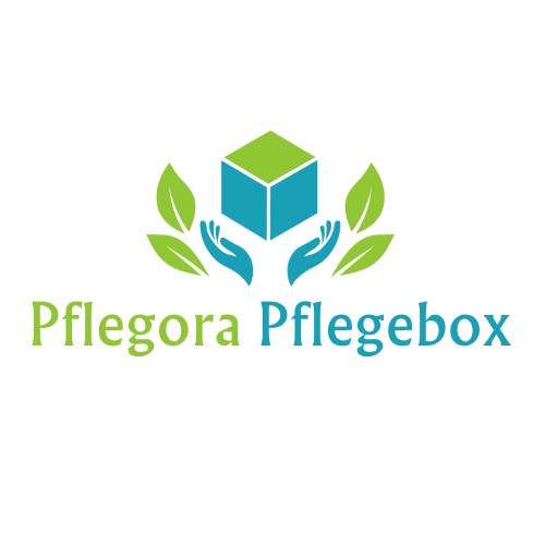 Pflegora Pflegebox Logo. Zwei Hände halten eine Box, umgeben von Blättern.