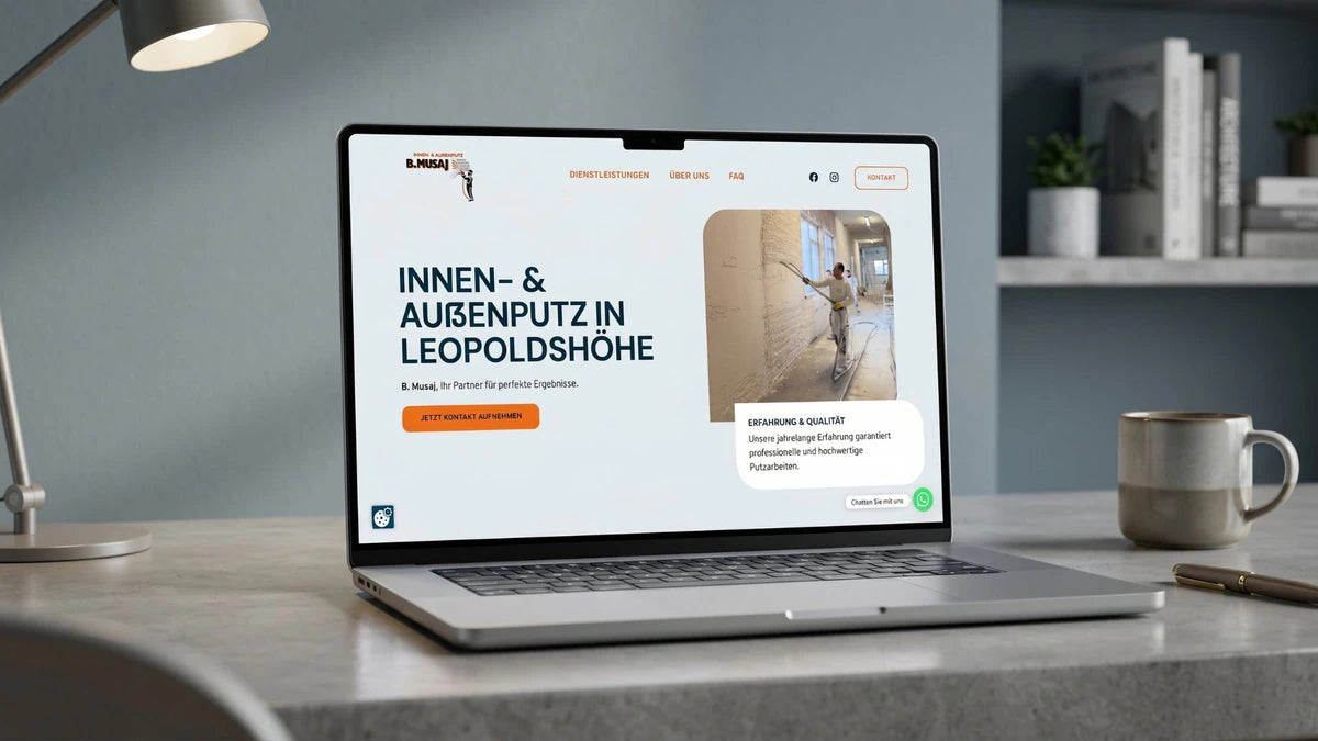 Startseite des Unternehmens B. Musaj präsentiert als Mockup im Laptop. Modernes Webdesign und Corporate Design für den Putzbetrieb B. Musaj von LENAMO.