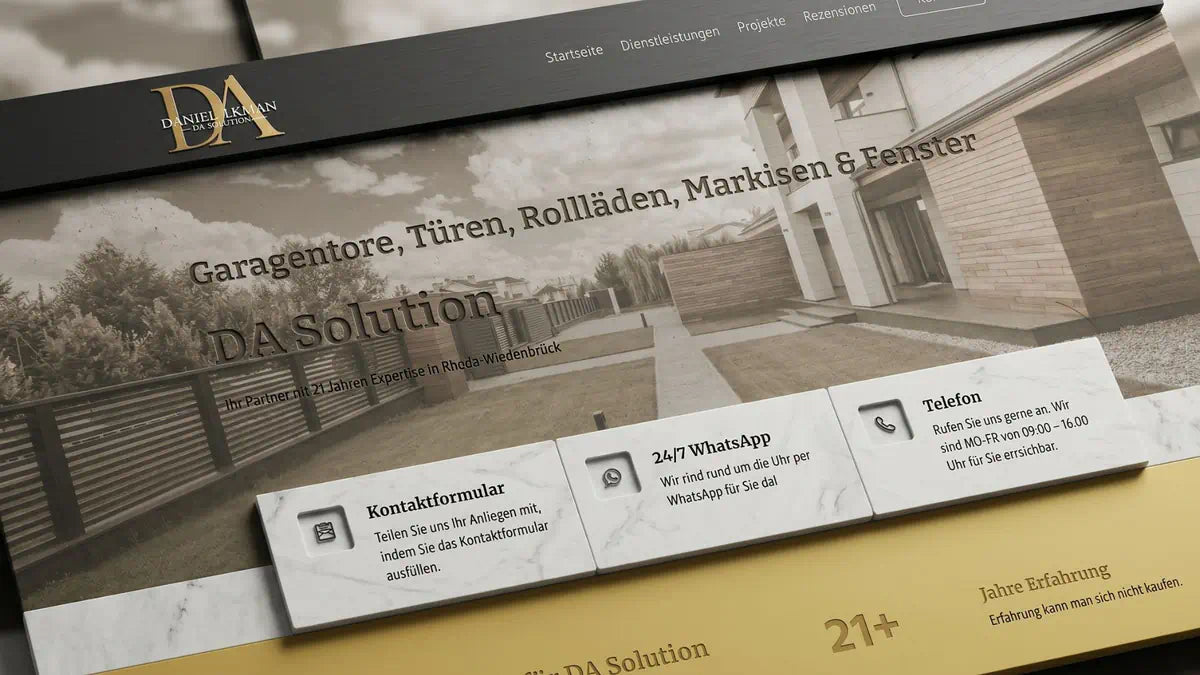 Startseite des Unternehmens DA Solution präsentiert als Aufsteller auf Naturstein in Blöcken, im Großformat. Modernes Webdesign und Corporate Design für den Handwerksbetrieb DA Solution von LENAMO.