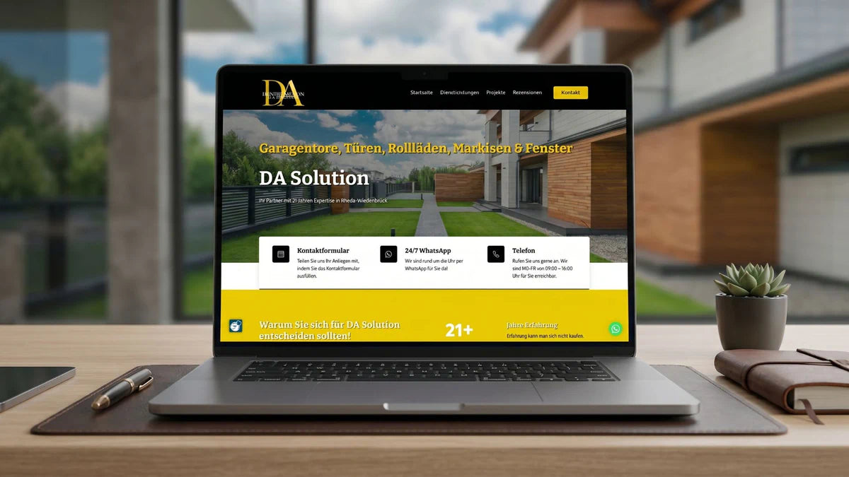 Startseite des Unternehmens DA Solution präsentiert als Mockup auf einem Laptop. Modernes Webdesign und Corporate Design für den Handwerksbetrieb DA Solution von LENAMO.