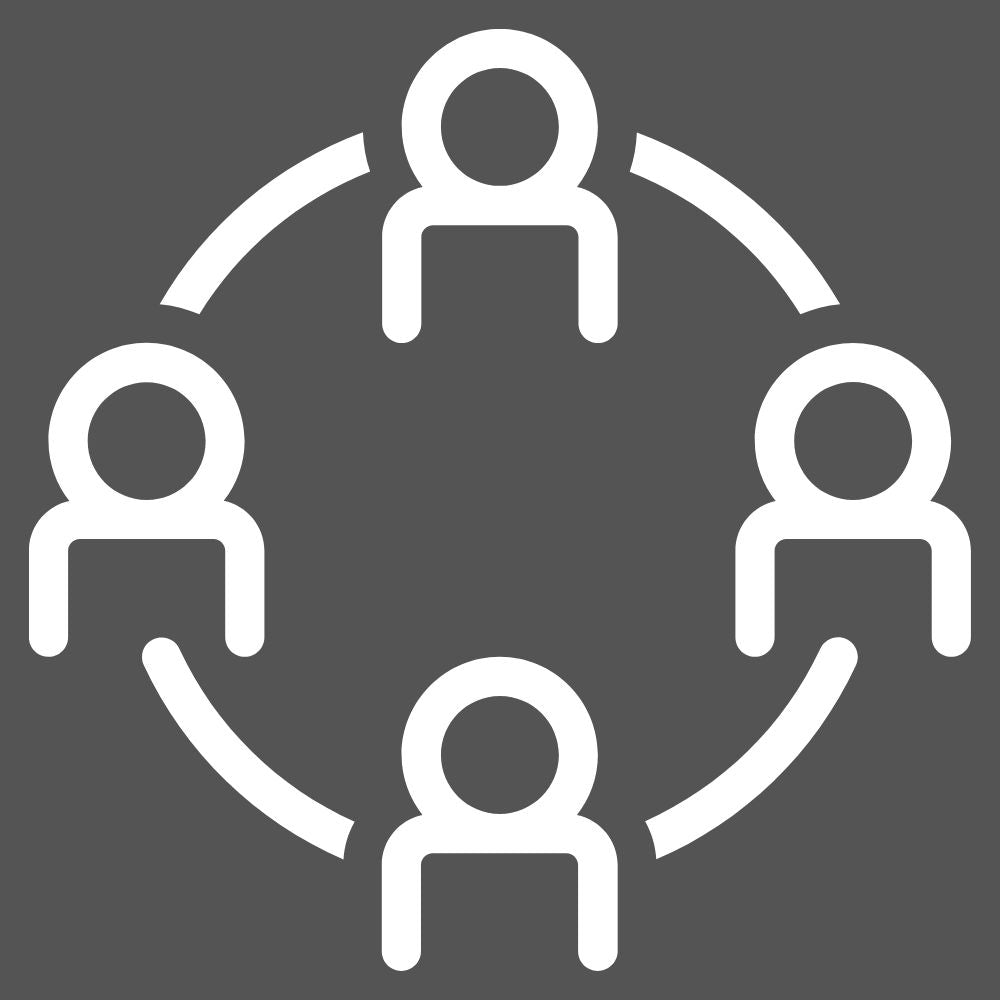 Vier Symbole die miteinander verbunden sind und für Profile stehen, in einem Kreis, auf einem grauen Hintergrund