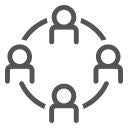 Vier animierte Profile in einem Kreis die sich verbinden, auf weißem Hintergrund