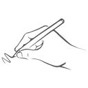 Eine animierte Hand mit einem Stift, die schreibt, auf weißem Hintergrund