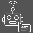 Weißer Roboter mit Sprechblase auf grauem Hintergrund