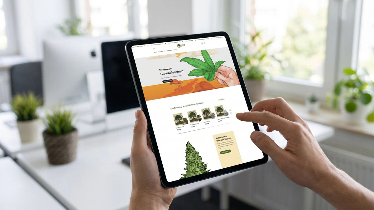 Modernes Webdesign und Corporate Design als Mockup auf einem Tablet, für den Cannabissamen Onlineshop CanTree Genetics, von LENAMO.