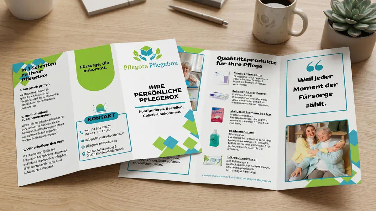 Modernes Webdesign und Corporate Design als Flyer oder Bröschüre, für den Pflegebox Anbieter Pflegora Pflegebox von LENAMO.