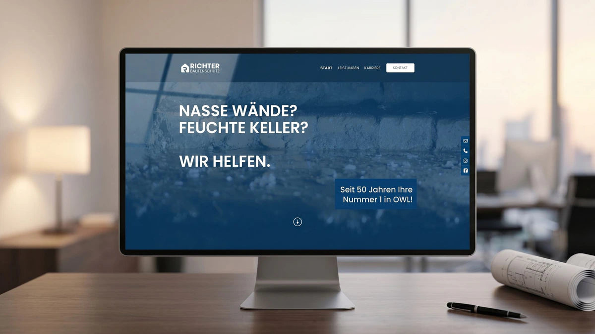 Startseite des Unternehmens Richter Bautenschutz präsentiert als Mockup auf einem Laptop. Modernes Webdesign und Corporate Design für den Handwerksbetrieb Richter Bautenschutz von LENAMO.