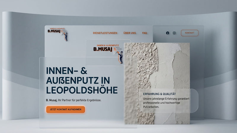Startseite des Unternehmens B. Musaj präsentiert als Aufsteller auf Acrylglas im Großformat. Modernes Webdesign und Corporate Design für den Putzbetrieb B. Musaj von LENAMO.