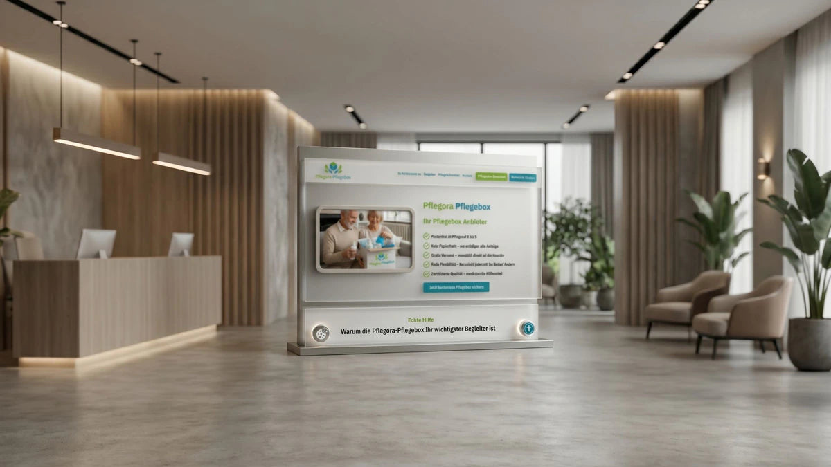 Startseite des Unternehmens Pflegora Pflegebox präsentiert als Aufsteller auf Acrylglas im Großformat. Modernes Webdesign und Corporate Design von LENAMO.