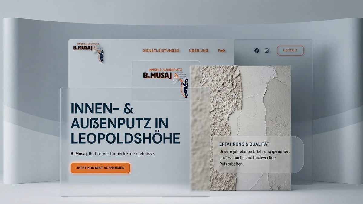 Startseite des Unternehmens B. Musaj präsentiert als Aufsteller auf Acrylglas im Großformat. Modernes Webdesign und Corporate Design für den Putzbetrieb B. Musaj von LENAMO.