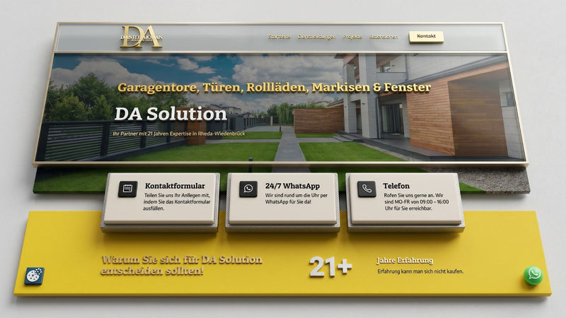 Startseite des Unternehmens DA Solution präsentiert als Aufsteller auf Acrylglas im Großformat. Modernes Webdesign und Corporate Design für den Handwerksbetrieb DA Solution von LENAMO.
