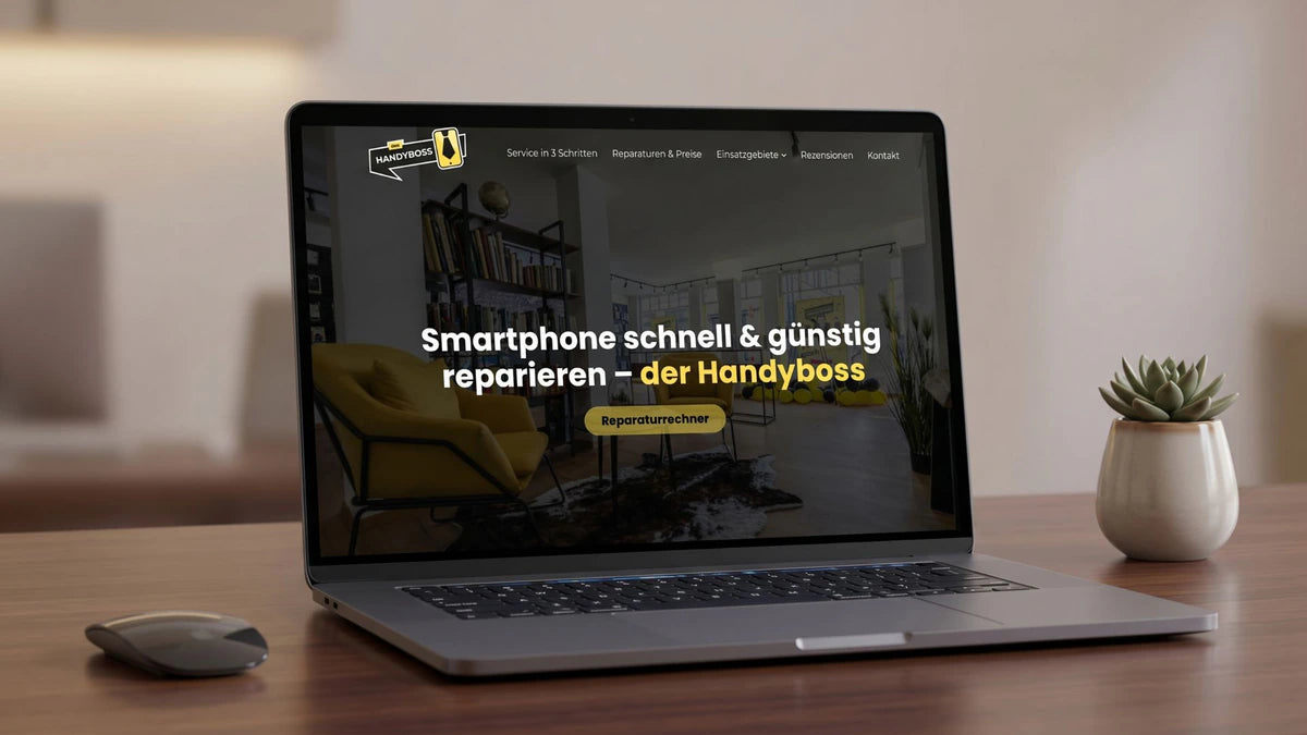 Modernes Webdesign und Corporate Design als Mockup auf dem Laptop, für den Einzelhandelsbetrieb für Smartphonereparaturen Der Handyboss von LENAMO.