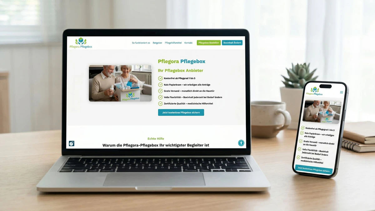 Modernes Webdesign und Corporate Design als Mockup auf einem Laptop und einem Smartphone, für den Pflegebox Anbieter Pflegora Pflegebox von LENAMO.